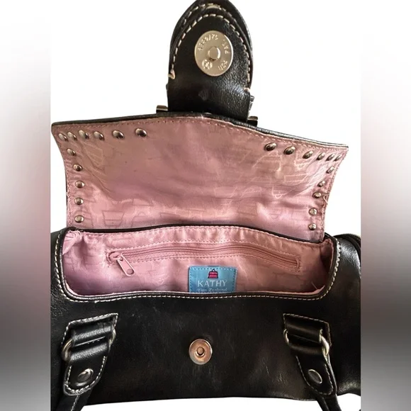 Kathy Van Zeeland Y2K Black Tootsie Roll Purse Satchel Side Zip Rhinestone - Picture 8 of 16